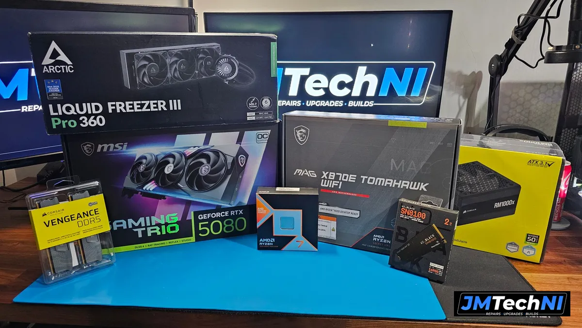 The parts: Ryzen 7 9850X3D, RTX 5080, X870E Tomahawk WiFi, Vengeance DDR5, SN8100 2TB and RM1000x