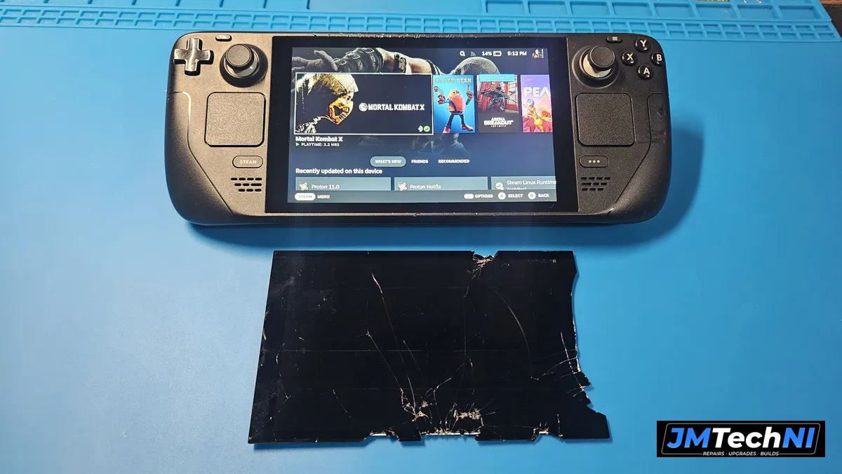 Old shattered screen alongside the repaired Deck